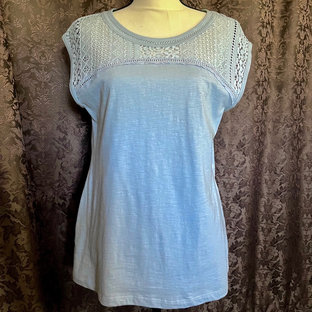 Eddie Bauer T-Shirt Dusty Light Blue w/ Lace Trim NWOT